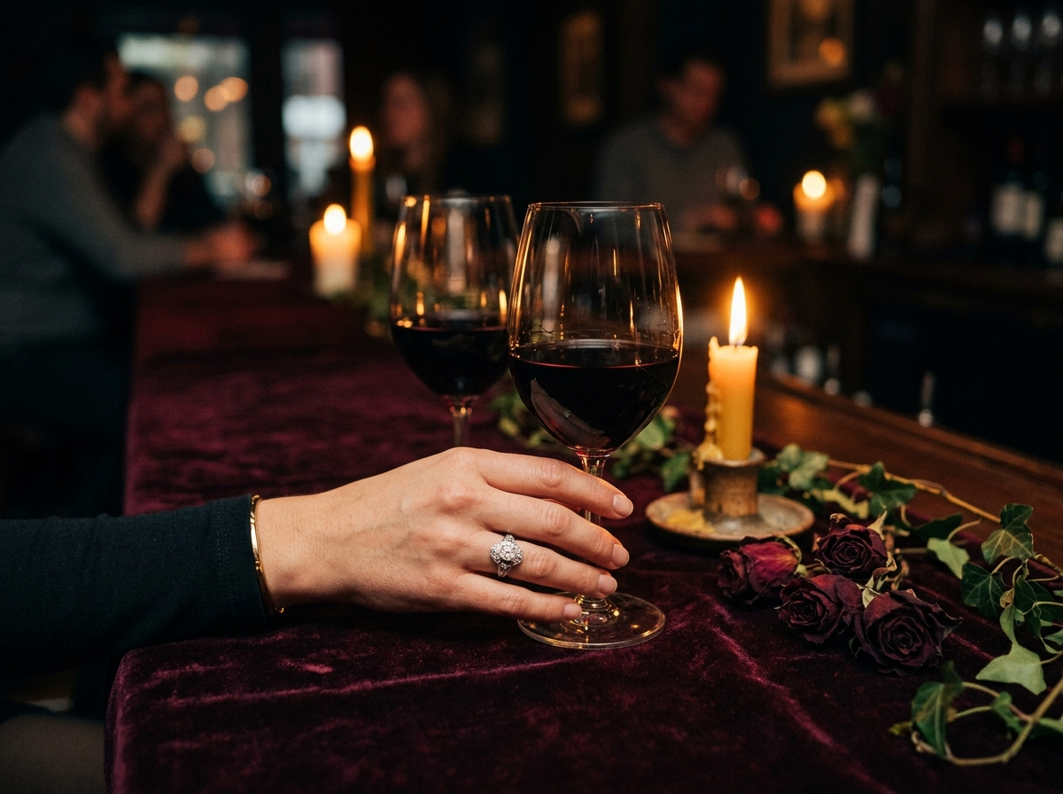 Two glasses of red wine in candlelight