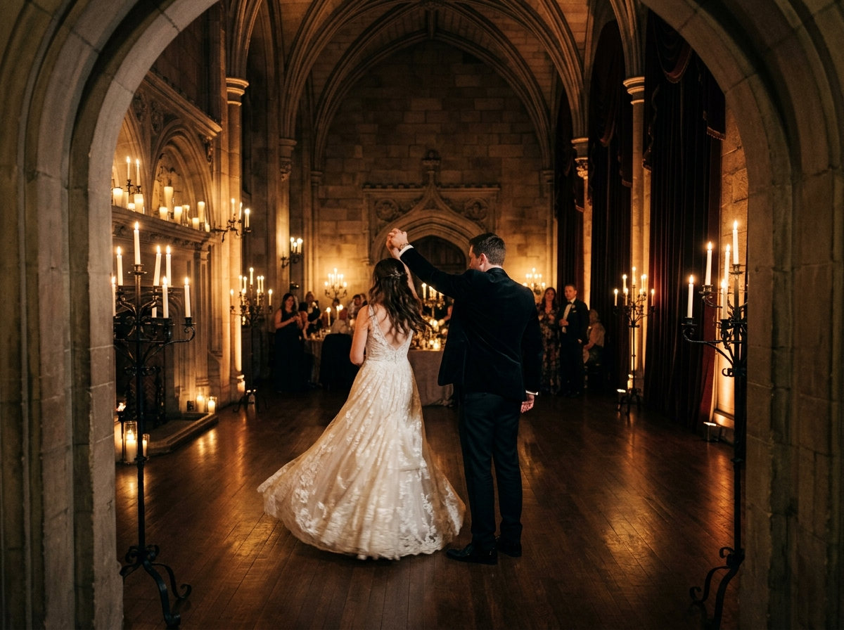 Couple dancing in candlelit room